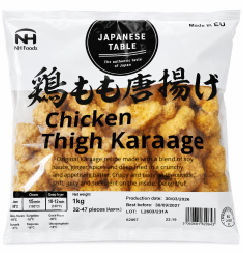 nh-foods-japanese-table-halal-chicken-thigh-karaage-1kg NH Foods Japanese Table Chicken Thigh Karaage 1kg product packaging featuring a clear window displaying crispy, golden-brown bite-sized fried chicken thigh pieces.