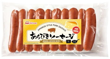 NHフーズの日本風あらびきポークソーセージ（チーズ入り）の商品パッケージ画像。