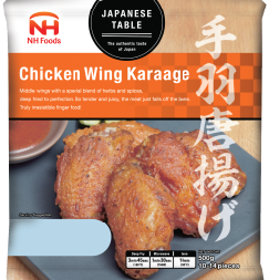 NHフーズの「JAPANESE TABLE」手羽先唐揚げ500gのパッケージ。外はカリッと香ばしいチキンウィングの調理例が印刷された冷凍鶏肉製品。