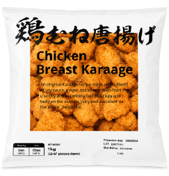 NH Foods 品牌的清真冷凍日式炸雞胸肉（Chicken Breast Karaage）1公斤包裝。包裝上方印有黑色日文「鶏むね唐揚げ」字樣，中央透明視窗可看見金黃色的炸雞塊。